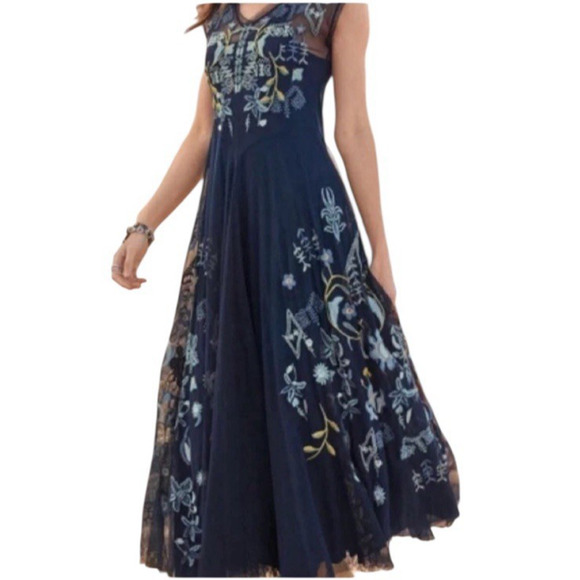 JOHNNY WAS BIYA Mesa Size Small Navy Blue Mesh Floral Embroidery Boho Maxi Dress - Picture 5 of 16